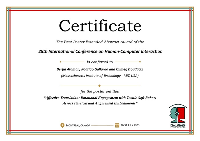 Certificate for Best Poster Extended Abstract Award. Details in text following the image